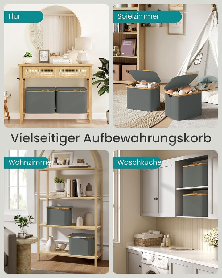 SONGMICS Wäschekorb mit Deckel, Wäschesammler platzsparend, Oxford-Gewebe, zusammenklappbar, Bambusr