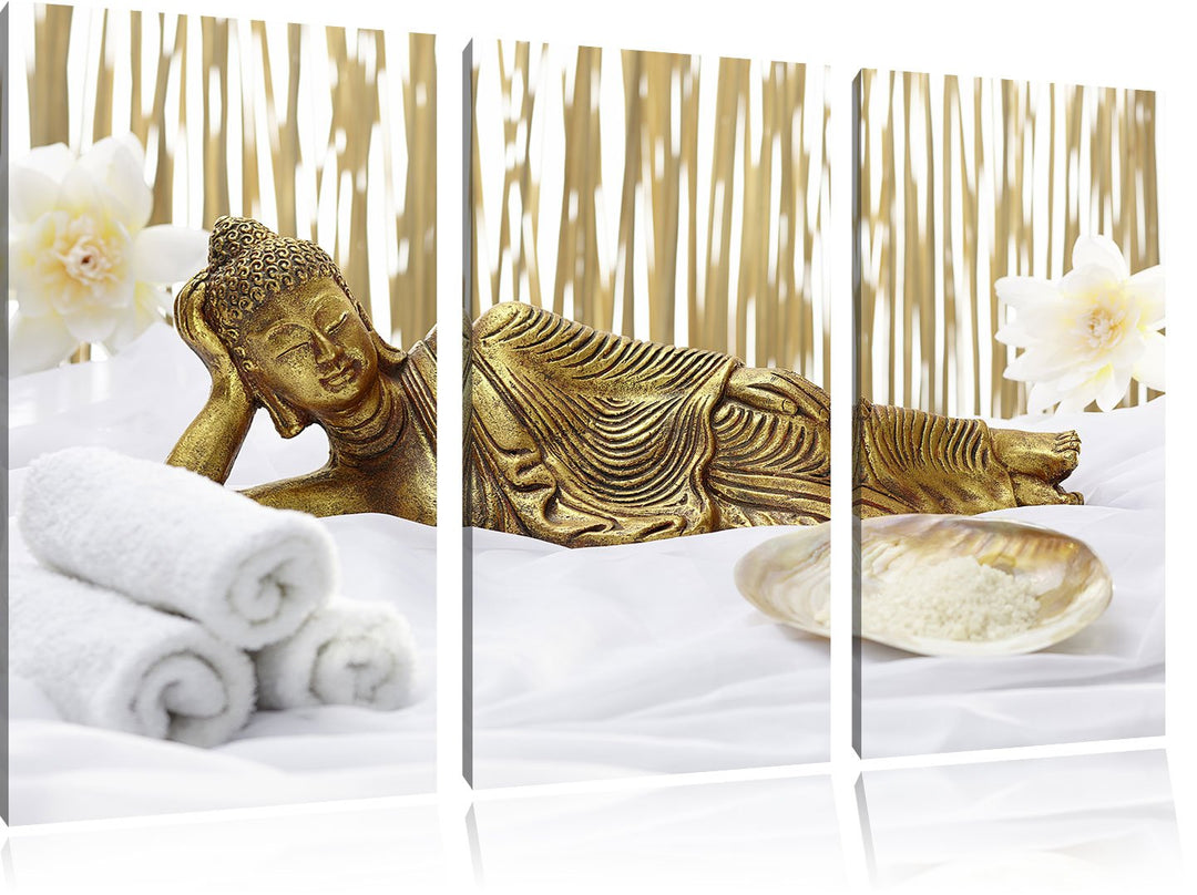Pixxprint Goldener Buddha auf Handtuch als Leinwandbild/Grösse: 3 Teilig (120x80) / Wandbild/Kunstdr
