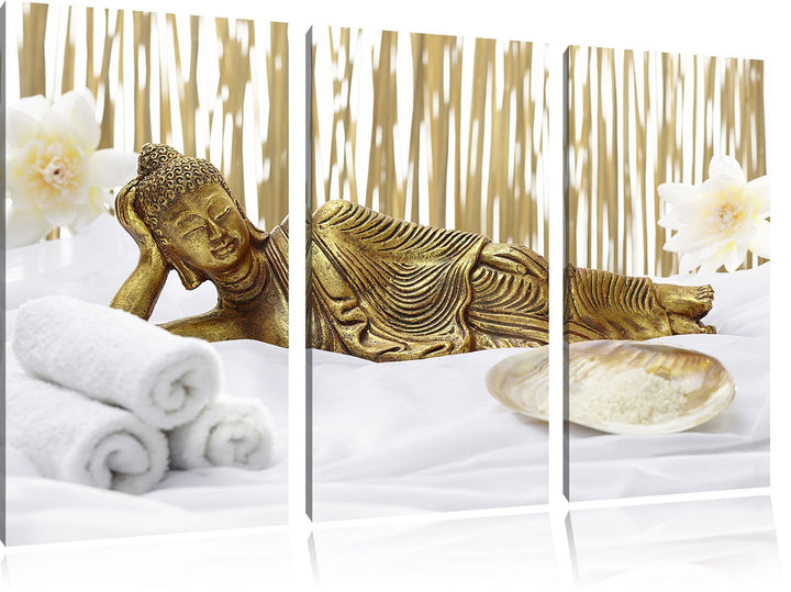 Pixxprint Goldener Buddha auf Handtuch als Leinwandbild/Grösse: 3 Teilig (120x80) / Wandbild/Kunstdr