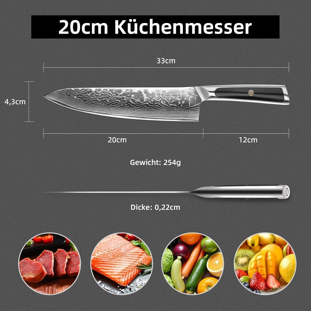 Sunnecko Damastmesser Kochmesser 20cm, damastmesser küchenmesser aus Japanischer VG10 Cored&amp;67-Schic