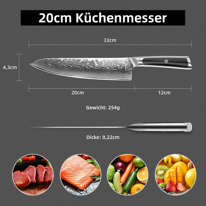 Sunnecko Damastmesser Kochmesser 20cm, damastmesser küchenmesser aus Japanischer VG10 Cored&amp;67-Schic