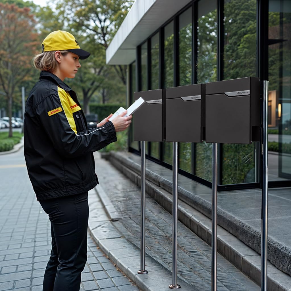Metzler 3er Standbriefkasten in Eisenglimmer DB 703 - Pulverbeschichtet & mit Zeitungsfach - Inkl. E