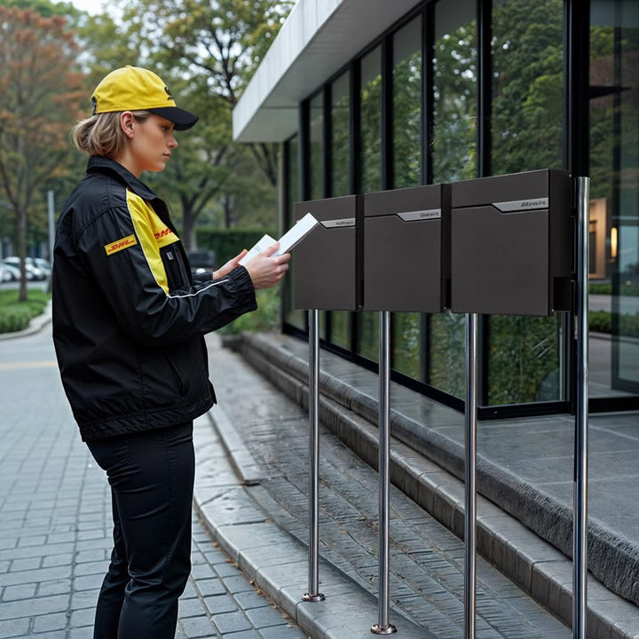 Metzler 3er Standbriefkasten in Eisenglimmer DB 703 - Pulverbeschichtet & mit Zeitungsfach - Inkl. E