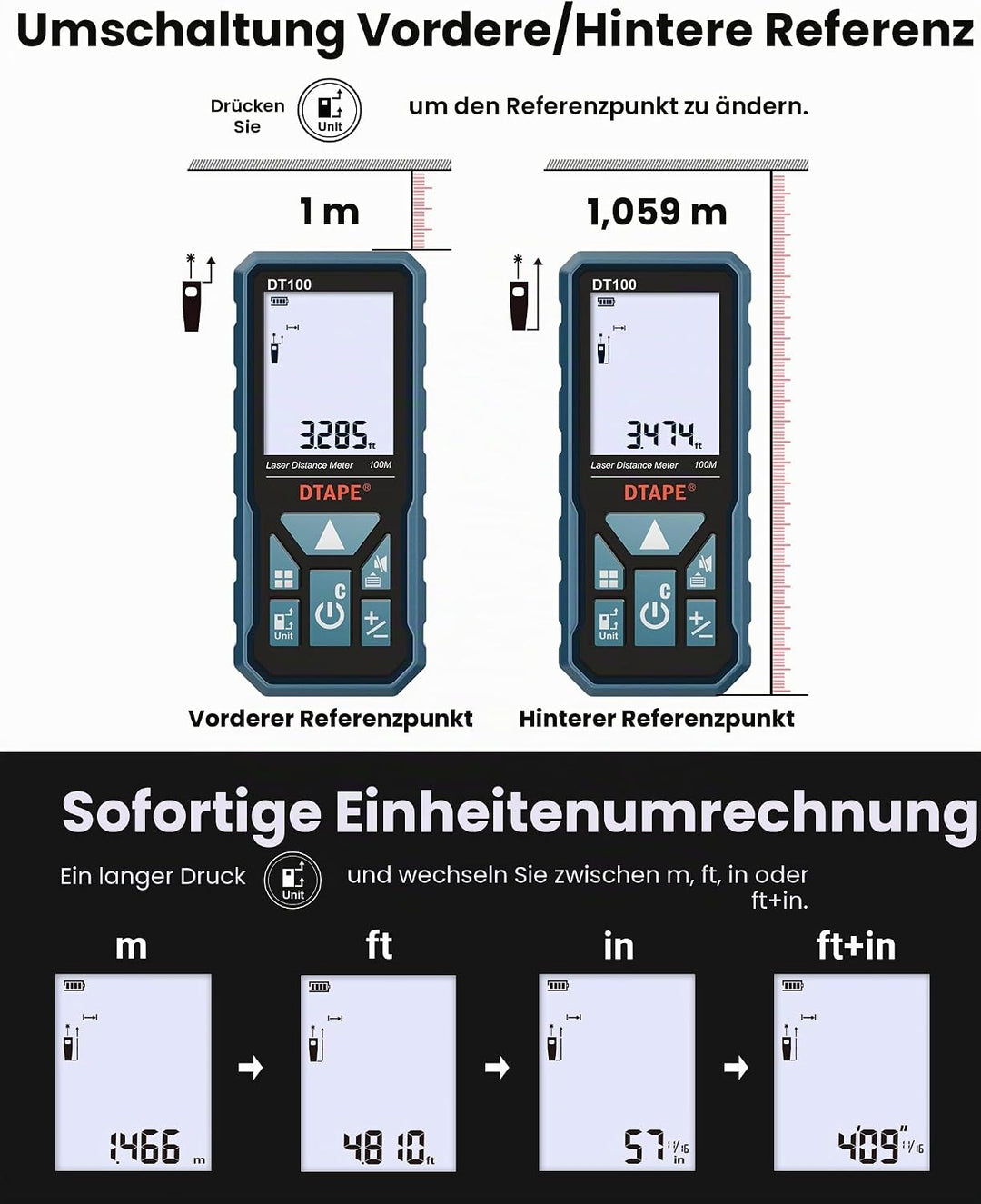 DTAPE Laser-Entfernungsmesser, Hochpräziser Digitaler Laser-Messgerät, Elektronisches Massband 5,1 c
