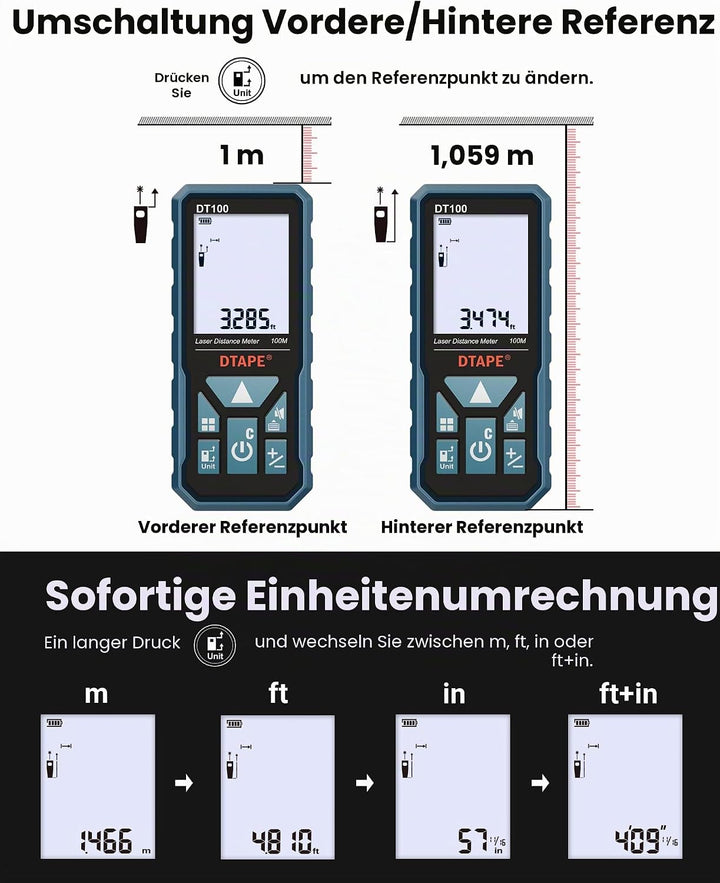DTAPE Laser-Entfernungsmesser, Hochpräziser Digitaler Laser-Messgerät, Elektronisches Massband 5,1 c
