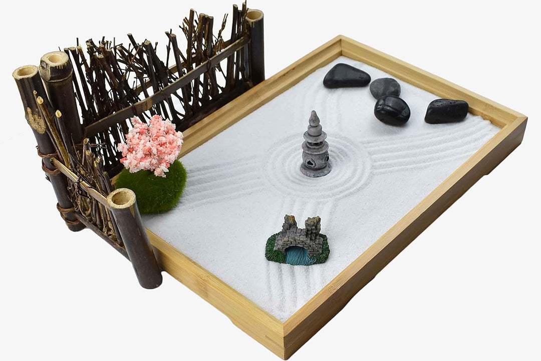 Artcome Japanese Zen Sand Garden for Desk with Rake, Stand, Rocks and Mini Furnishing Articles - Off