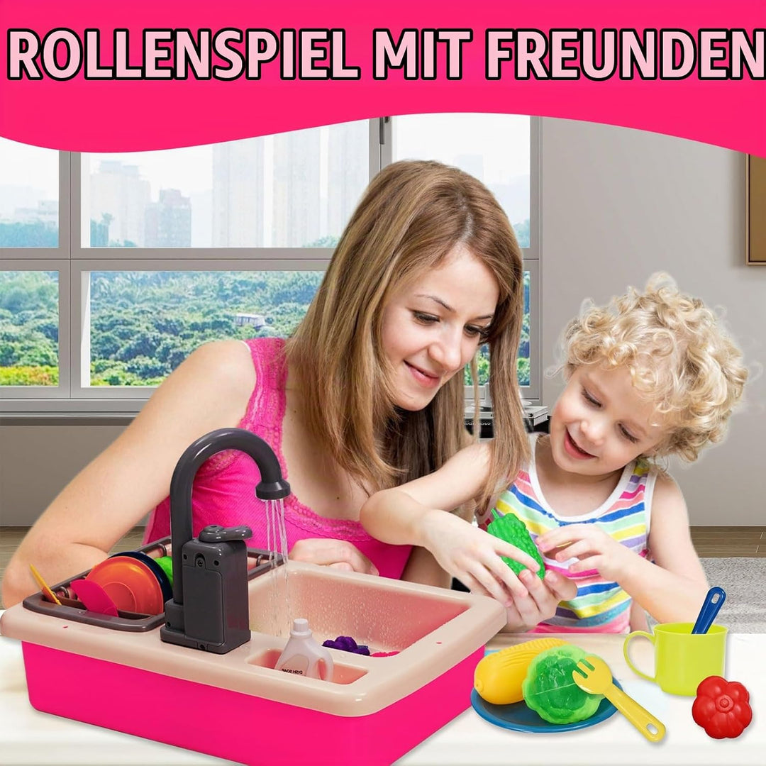 Küchenspüle Spielzeug Set mit Wasserkreislauf, Spielspüle Kinder mit Fliessendem Wasser, Matschküche