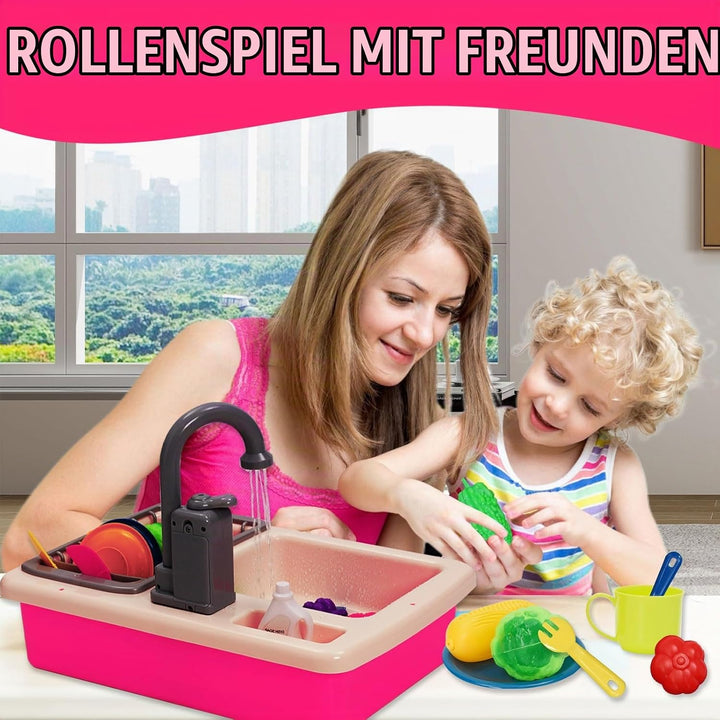 Küchenspüle Spielzeug Set mit Wasserkreislauf, Spielspüle Kinder mit Fliessendem Wasser, Matschküche