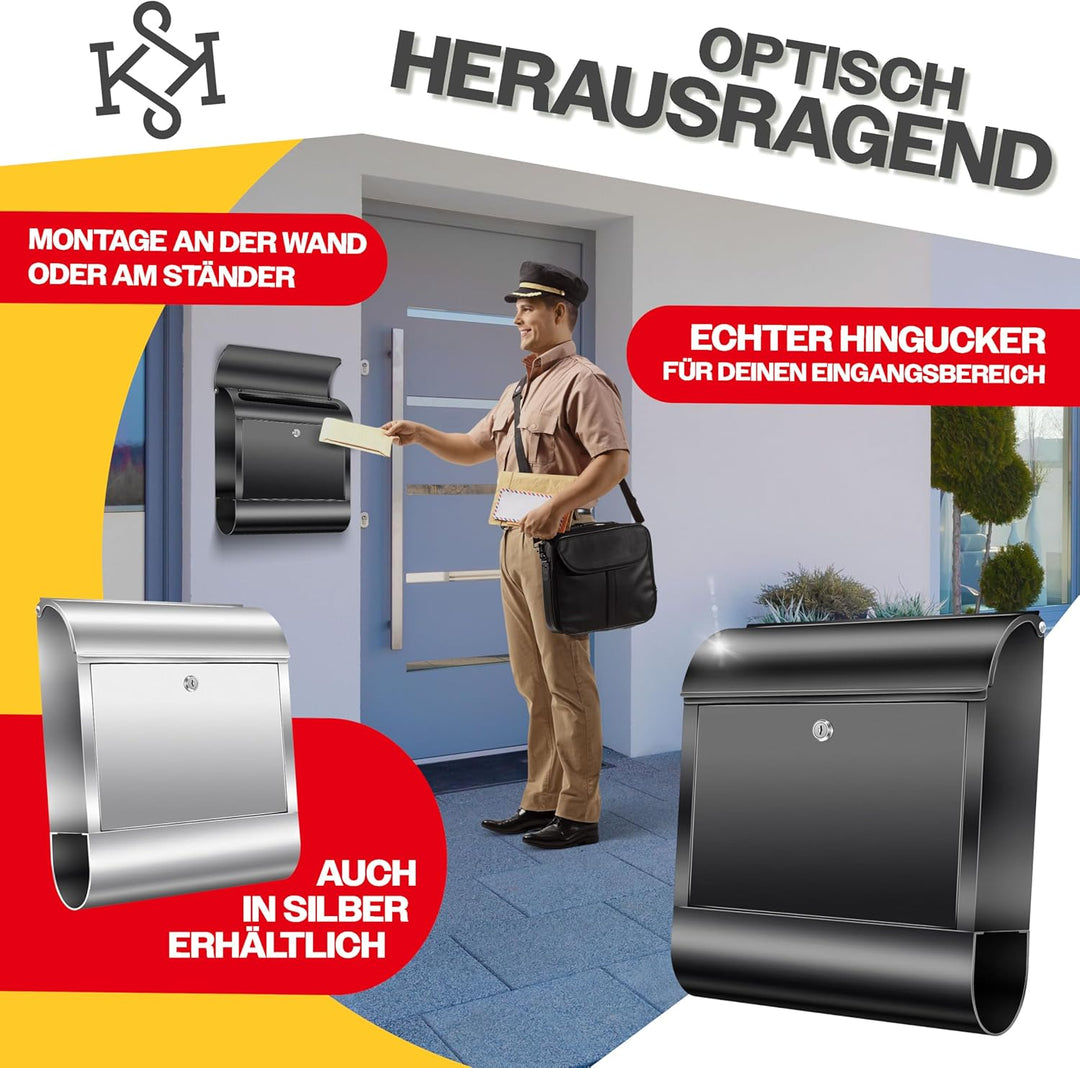 KESSER® XXL Briefkasten Edelstahl mit Zeitungsfach, gebürstet, 3X Schlüssel abschliessbar, Pulverbes