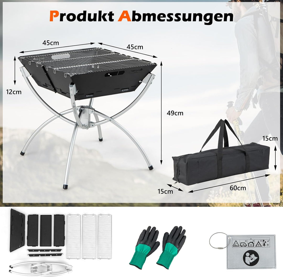 COSTWAY Campinggrill, 3-in-1-Feuerstelle für Brennholz & Holzkohle mit Edelstahlgrillrosten, tragbar