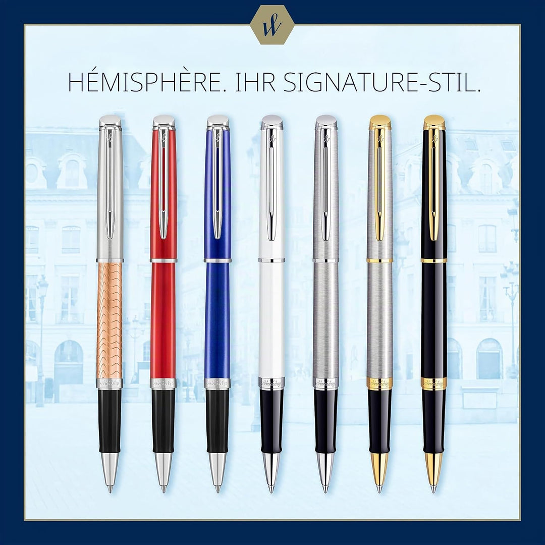 Waterman Hémisphère Tintenroller , Edelstahl mit Zierteile aus 23 K Gold , feine Spitze , Schwarze T