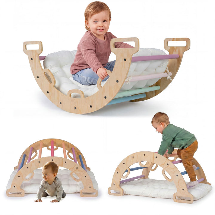 COSTWAY Kletterbogen Holz mit Kissen, Montessori Kletterwippe, Kletterdreieck zum Wippen, Klettern u