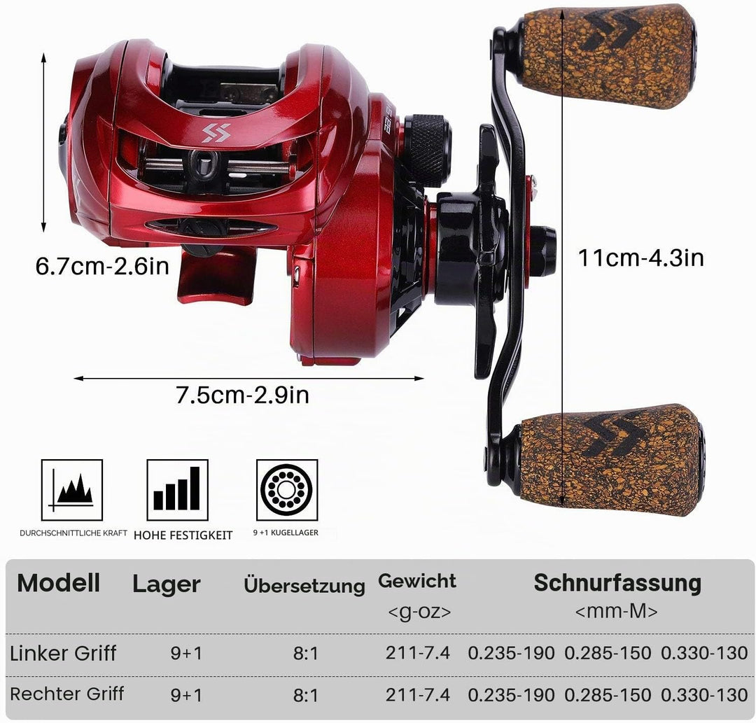 Sougayilang Baitcasting Angelrolle, 8: 1 Übersetzungsverhältnis mit magnetischem Bremssystem, 9 + 1