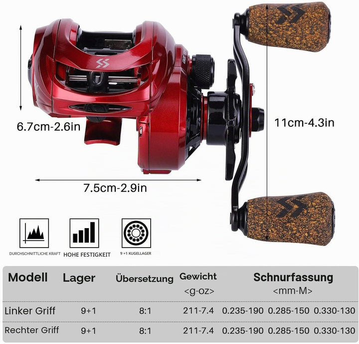 Sougayilang Baitcasting Angelrolle, 8: 1 Übersetzungsverhältnis mit magnetischem Bremssystem, 9 + 1