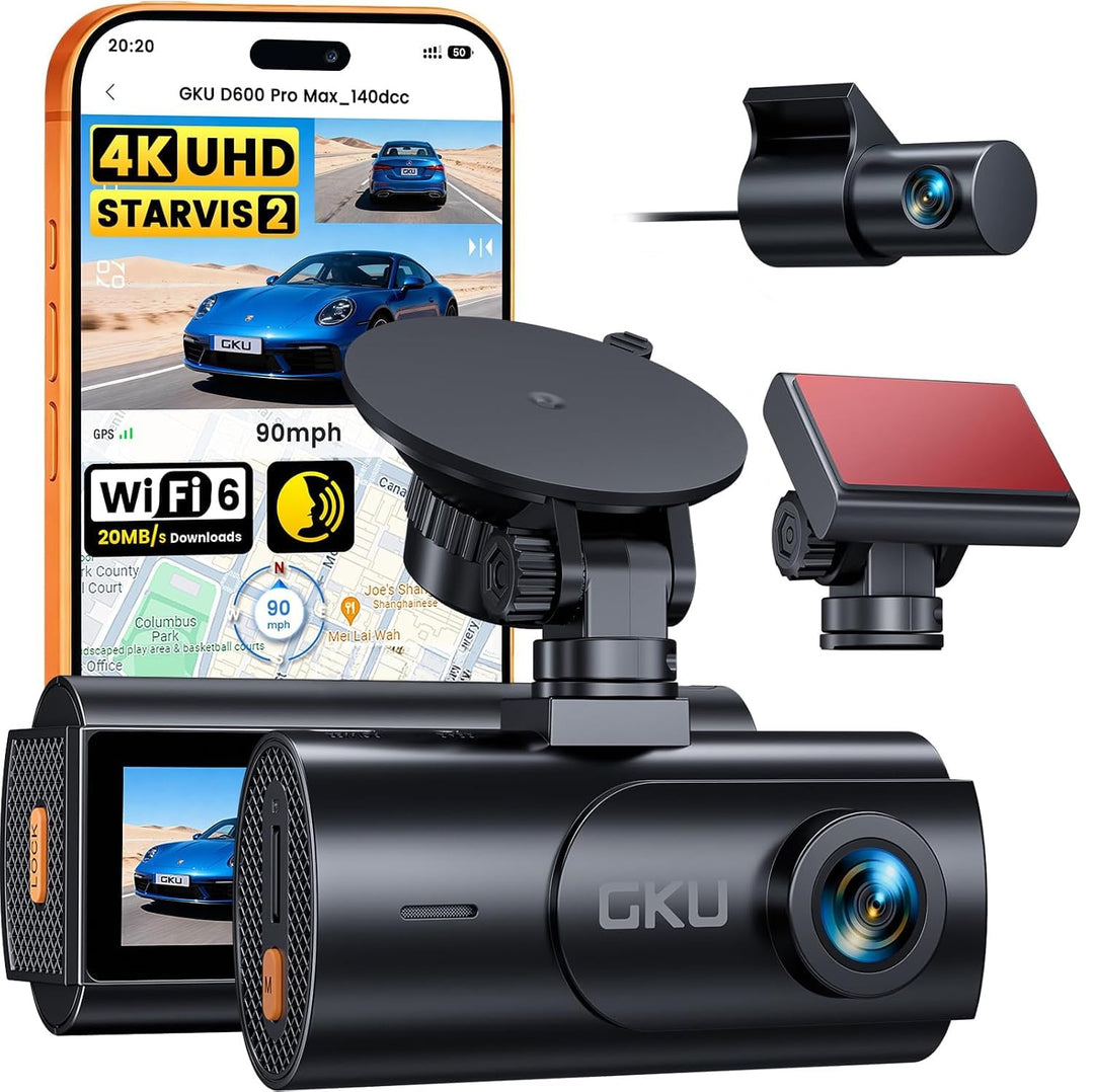 GKU Dashcam Auto Vorne Hinten 4K mit STARVIS 2, Dash Cam Auto | Kamera 3" IPS-Bildschirm,WiFi 6,GPS,