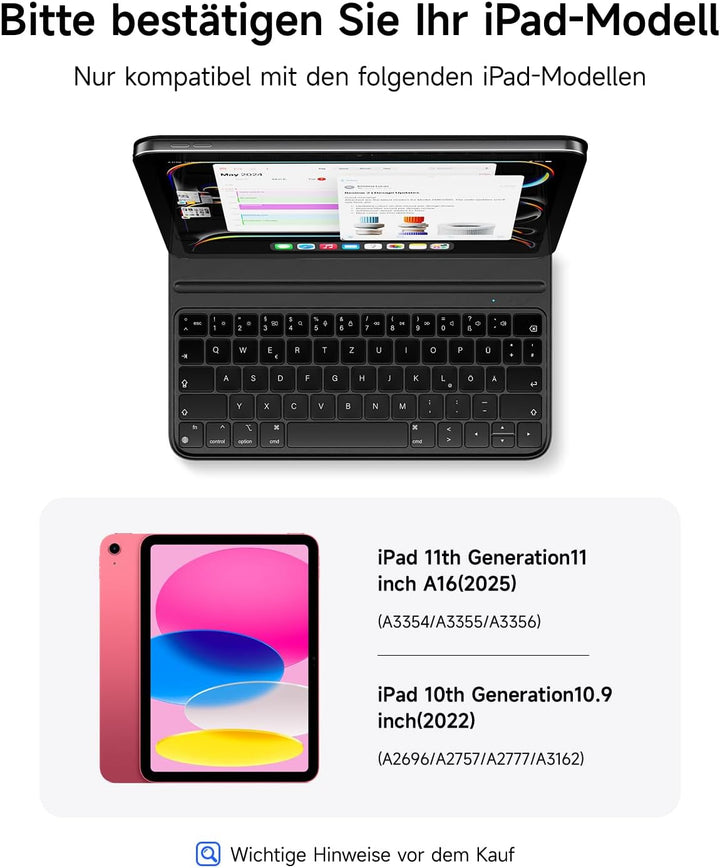 HOU Slim Bluetooth Tastatur Hülle für iPad 11. Gen 2025 (A16) & 10. Gen 2022 – Tastatur per iPad Auf