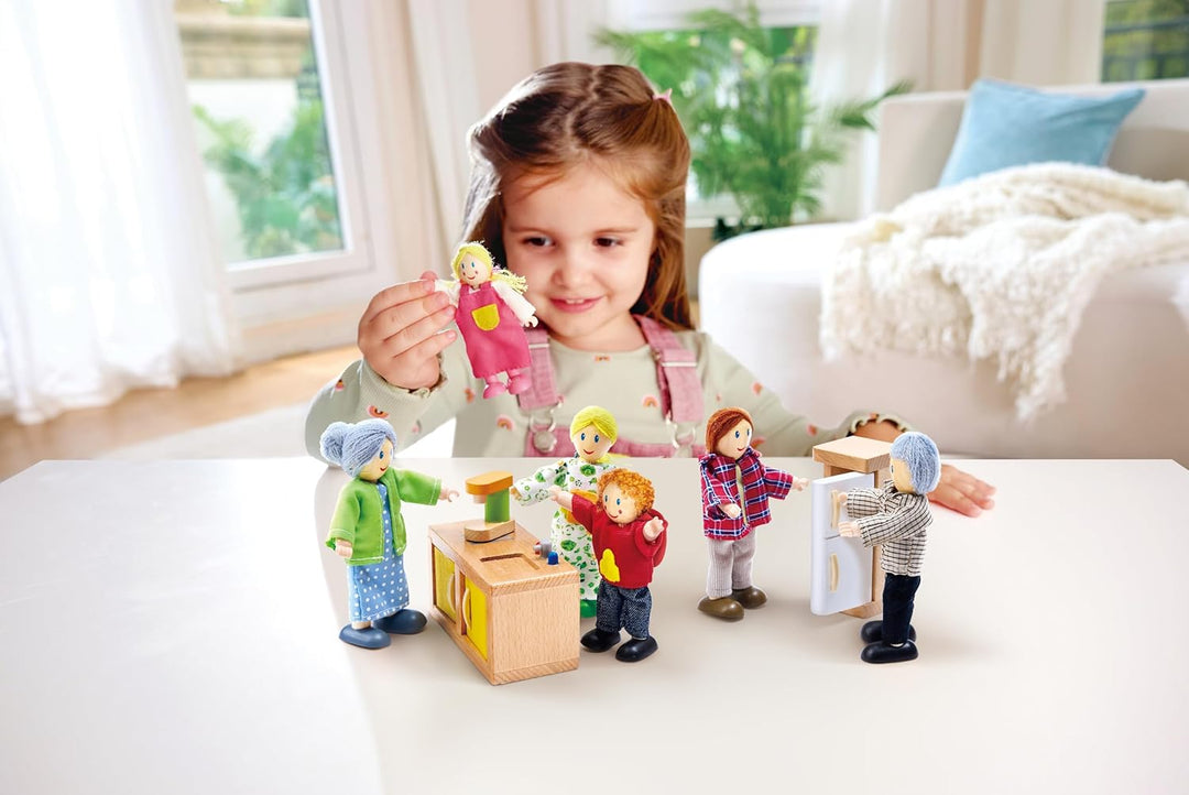Hape Puppenfamilie Preisgekröntes Puppenfamilien-Set, einzigartiges Zubehör für Puppenhäuser aus Hol