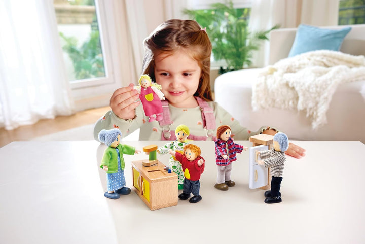 Hape Puppenfamilie Preisgekröntes Puppenfamilien-Set, einzigartiges Zubehör für Puppenhäuser aus Hol