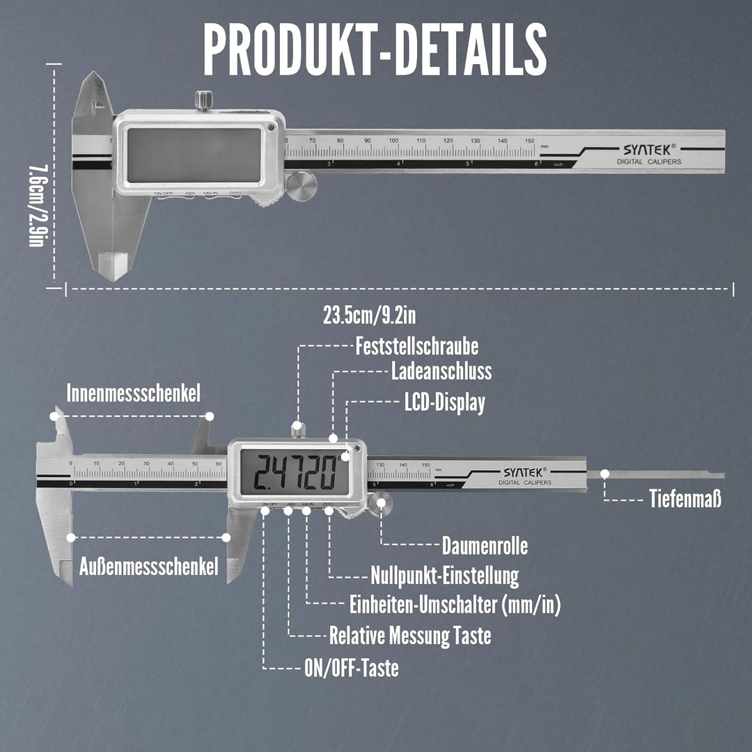 Digitaler Messschieber 150 mm - Wiederaufladbare Messschieber Digital Edelstahl mit Hochauflösendes