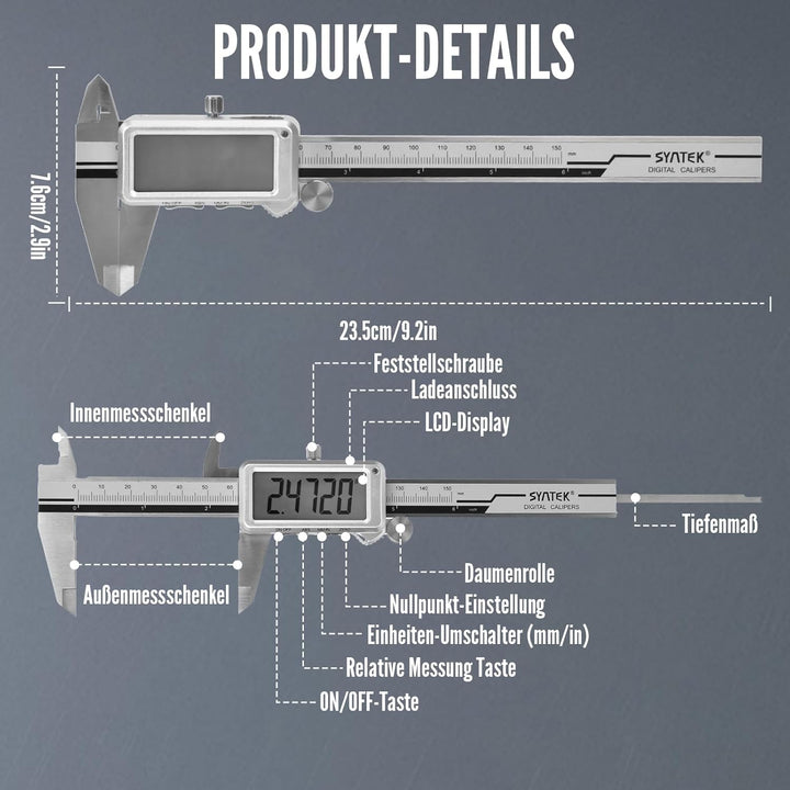 Digitaler Messschieber 150 mm - Wiederaufladbare Messschieber Digital Edelstahl mit Hochauflösendes
