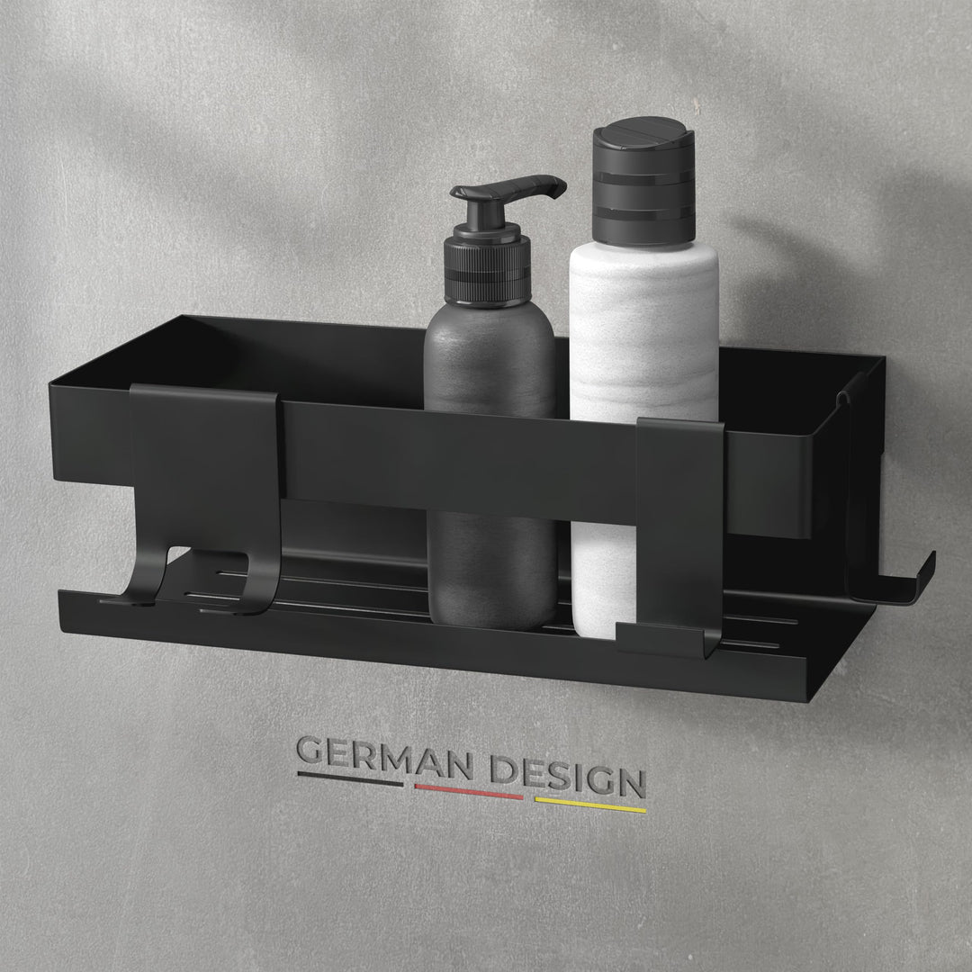 husman® Duschablage ohne Bohren | Edelstahl Matt-Schwarz | mit Ablaufrillen & 3 Haken | Kleben statt