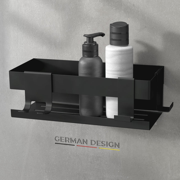husman® Duschablage ohne Bohren | Edelstahl Matt-Schwarz | mit Ablaufrillen & 3 Haken | Kleben statt