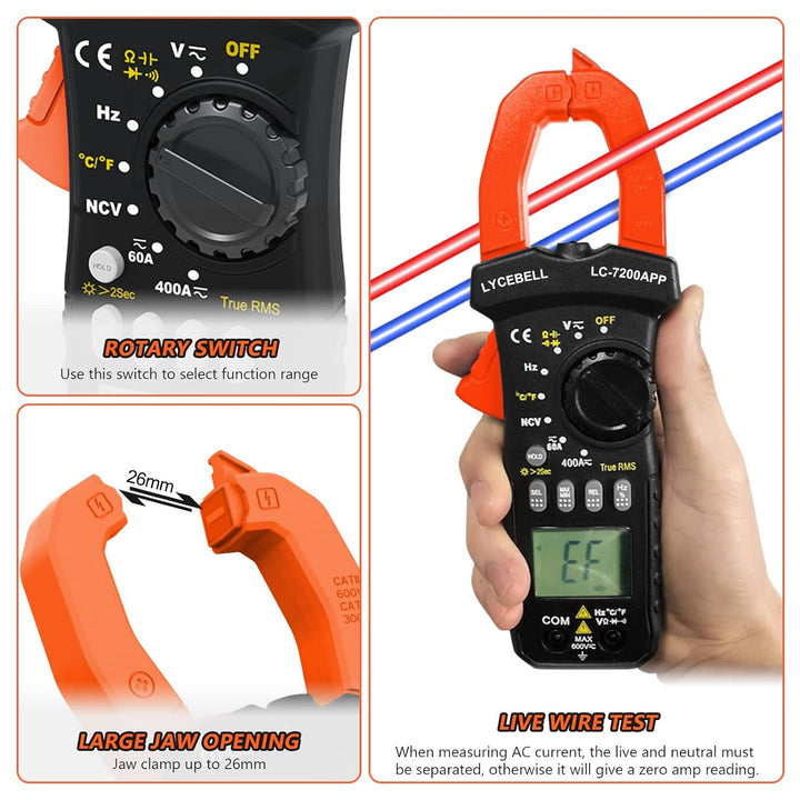 LYCEBELL Bluetooth Stromzange Multimeter, LC-7200APP TRMS 6000 Zähl Zangenmultimeter NCV-Test, Messe