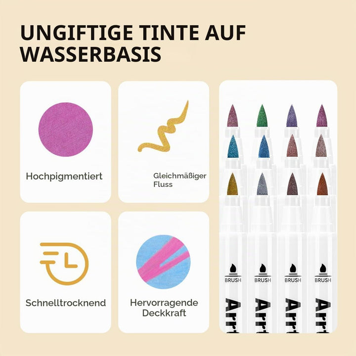 Arrtx 12 Farben Metallic Acrylstifte, Glitzermarker für Felsmalerei, Glitzer stifte mit extra feiner