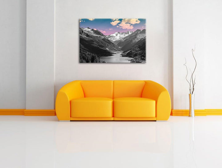 ruhiger See in verschneiter Berglandschaft schwarz/weiss Format: 100x70 auf Leinwand, XXL riesige Bi