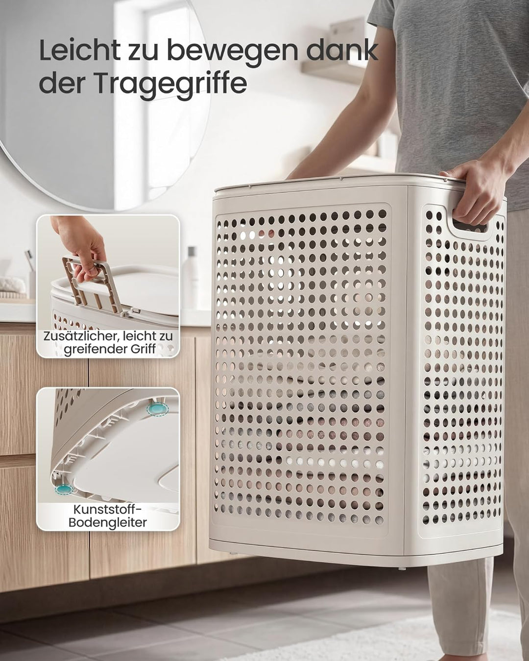 SONGMICS Wäschekorb mit Deckel, Wäschesammler Plastik, 75 L, Wäschetonne schmal, Wäschebox platzspar