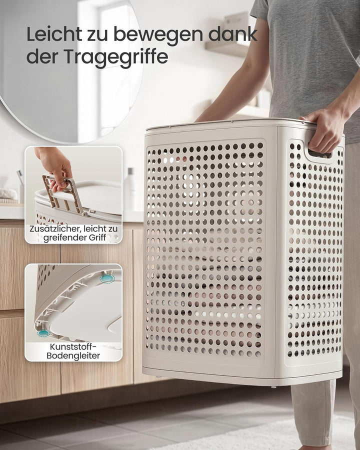 SONGMICS Wäschekorb mit Deckel, Wäschesammler Plastik, 75 L, Wäschetonne schmal, Wäschebox platzspar