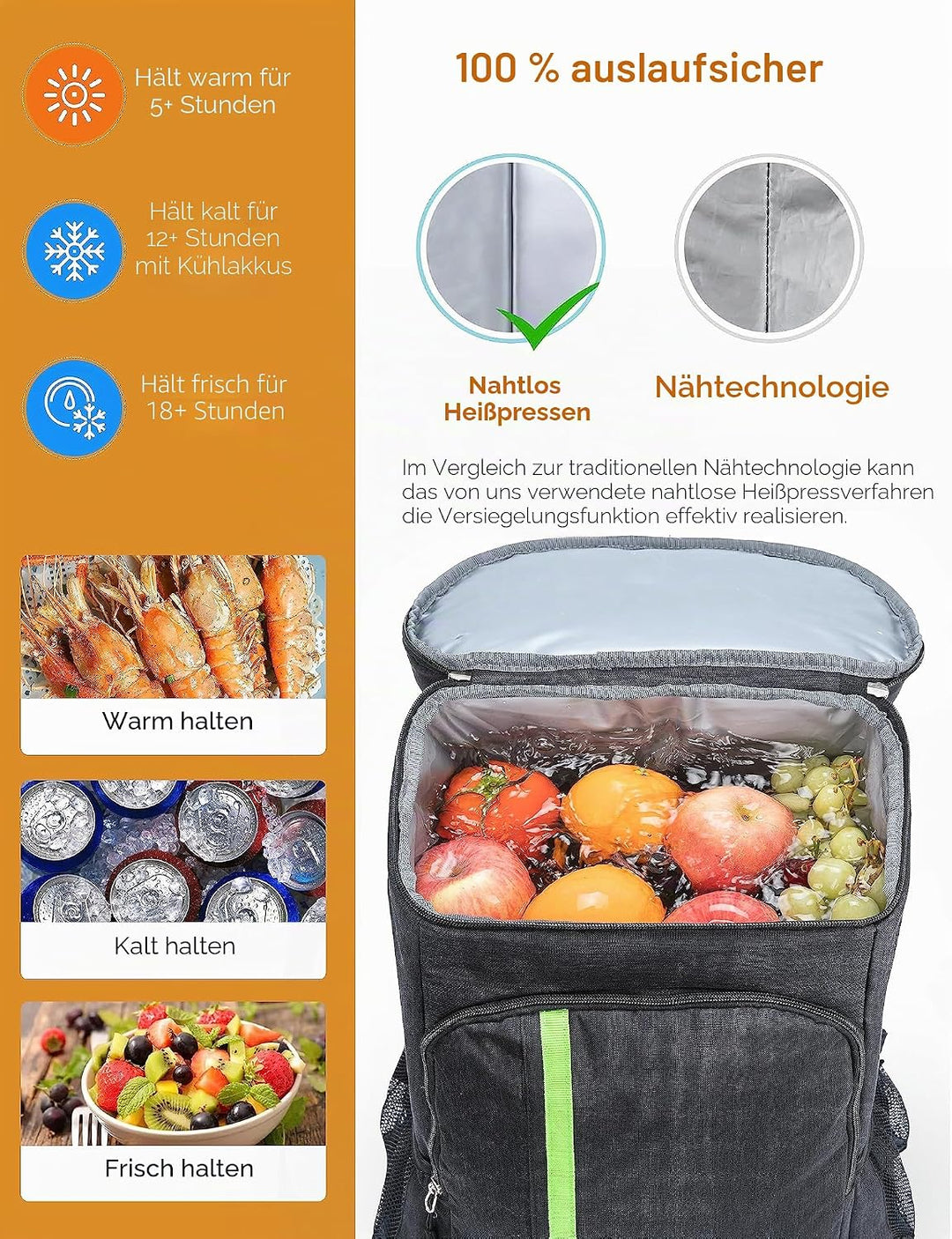 besrey Thermo-Rucksack, 30 l, Thermo-Rucksack, isoliert, hält Lebensmittel warm oder kalt, für Campi