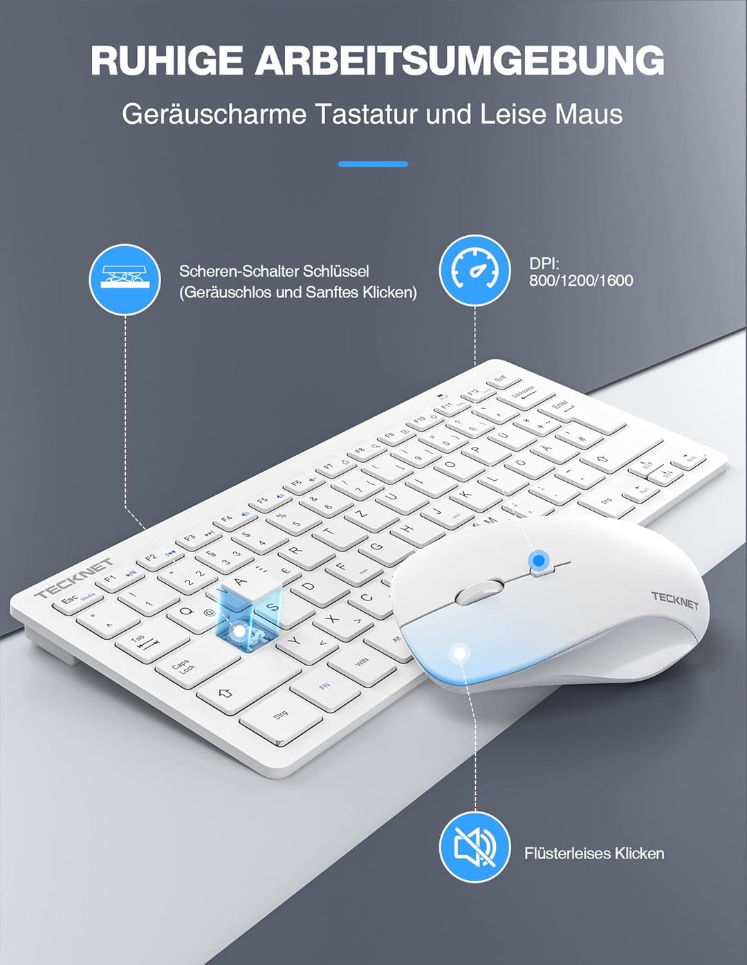 TECKNET Kabelloses Tastatur Maus Set, Deutsch QWERTZ Layout, 2.4 GHz Funk Mini Tastatur Mouse, 15m R