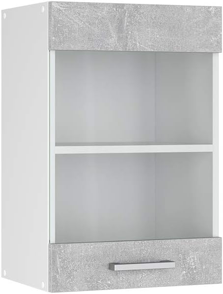 Vicco Küchenschrank Glas R-Line, Beton/Weiss, 40 cm Beton Hängeglasschrank 40cm, Beton Hängeglasschr