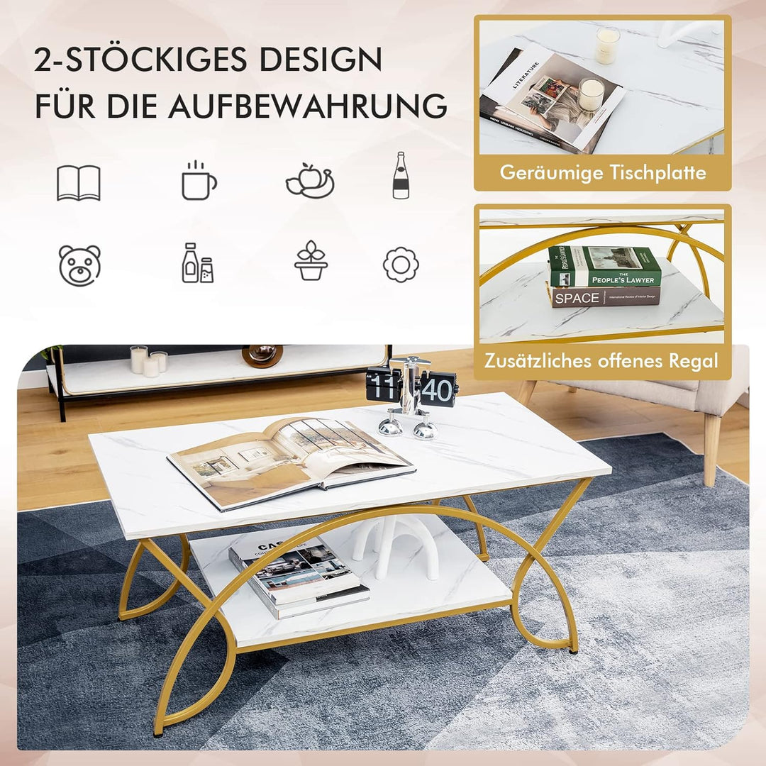 COSTWAY Couchtisch Marmor Optik, Kaffeetisch mit Ablage und Metallgestell, Wohnzimmertisch, Beistell