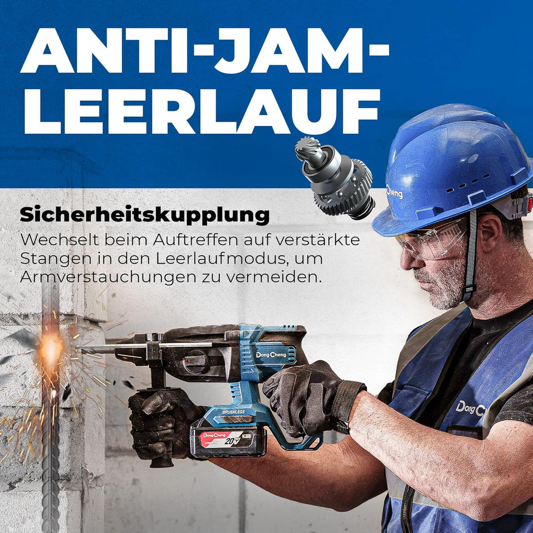 DongCheng Akku Bohrhammer 18V, Schlagenergie 2.7 J, mit 4 Stück SDS-plus, Bohren bis 28 mm, Bürstenl