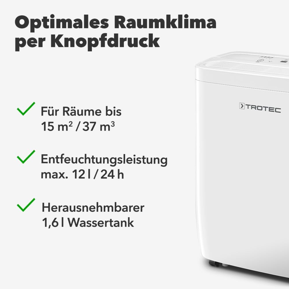 TROTEC Raumentfeuchter elektrisch TTK 27 E – Leistung 12 L/Tag – Fläche 15 m² / 37 m³ – Entfeuchtung