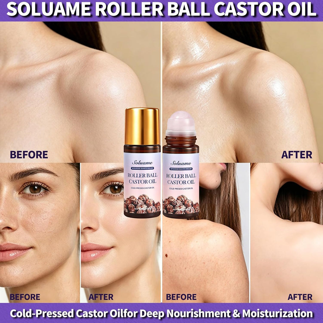 Rollerball Rizinusöl mit Rosenquarz Roller, Kaltgepresstes Reines Rizinusöl Roll On für Gesicht Körp