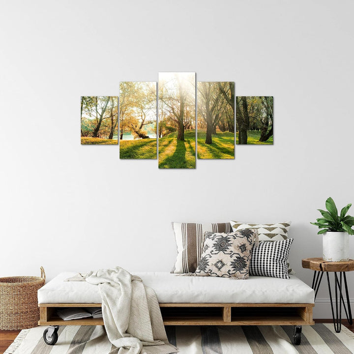 Runa Art Bild Schlafzimmer Wohnzimmer Wald Landschaft 5 Teilig Sonne Grün Wandbilder auf Vlies Leinw