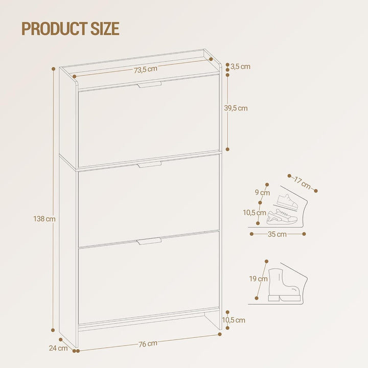 Hzuaneri Schuhschrank mit 3 Klappen, Schuhregal, Schuhkipper Schmal, Verstellbar, Schuhaufbewahrung,