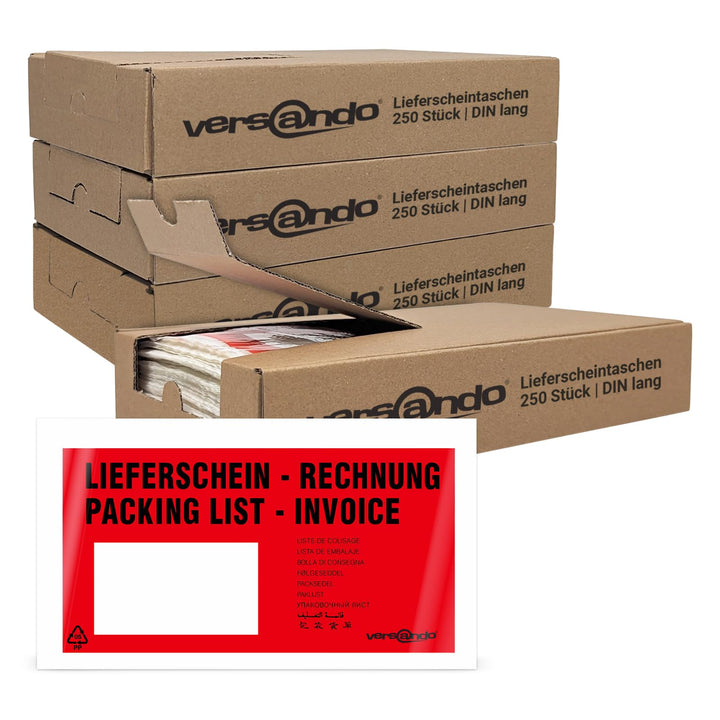 versando 4x 250 Lieferscheintaschen DIN lang selbstklebend Dokumententaschen Begleitpapiertaschen ro