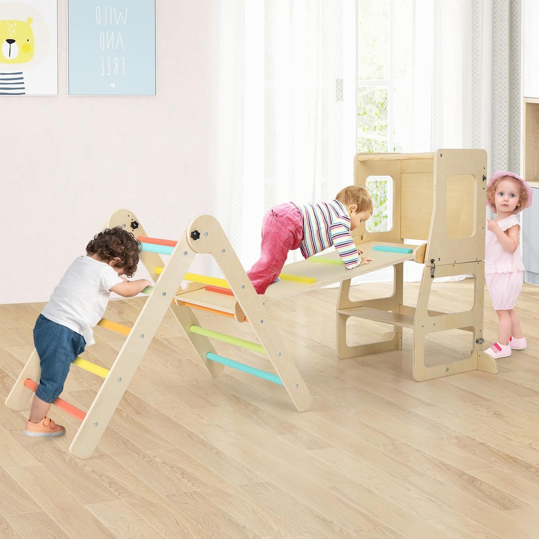 COSTWAY Kletterdreieck mit Rutsche, 7 in 1 Klettergerüst Indoor für Kinder ab 3 Jahren, inkl. Klette