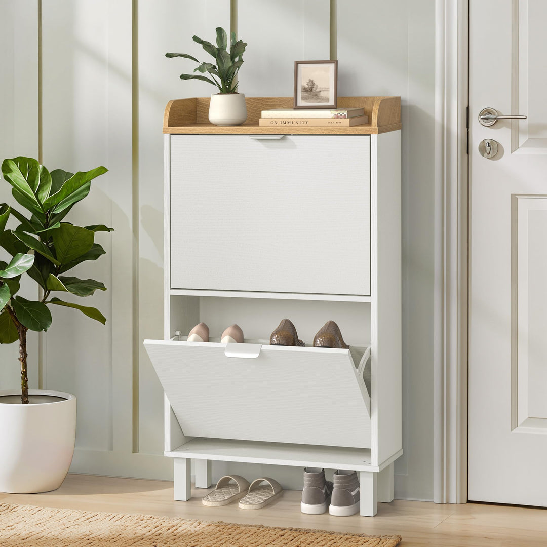 LUE BONA Schuhschrank schmal, Schuhschrank mit 2 Flip-Klappen, Schuhkipper mit Holzfüssen, Schuhrega