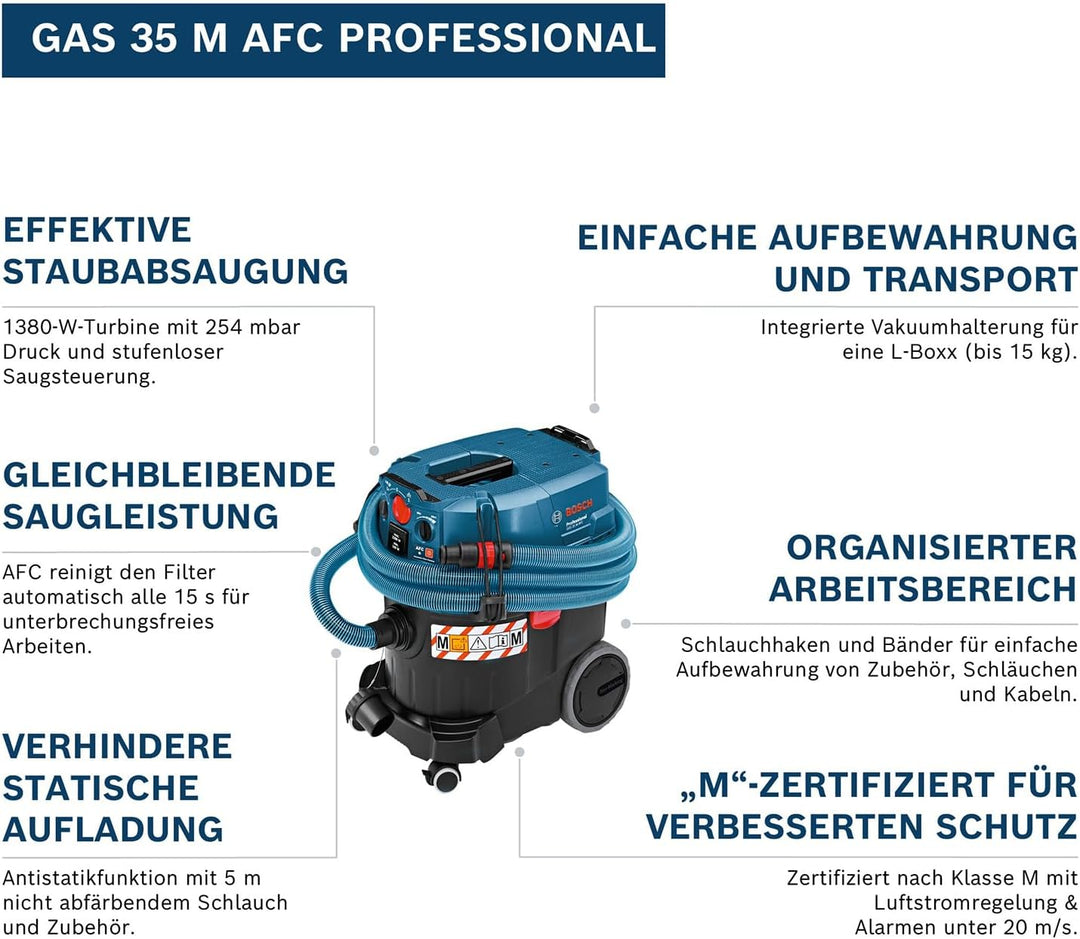 Bosch Professional Industriestaubsauger GAS 35 M AFC (1200 Watt, 35 L Behälter, 5 m Schlauch, im Kar