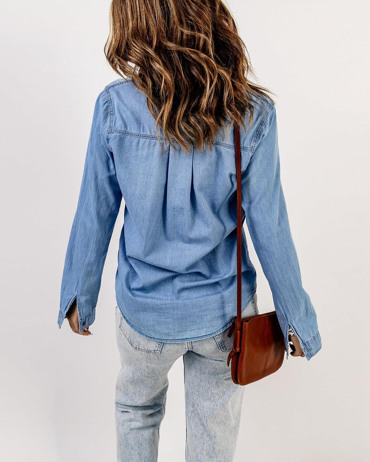 Roskiky Jeanshemd Damen Bluse Damen Western Hemden Tunika Damen Langarm Button Down Oberteile Damen