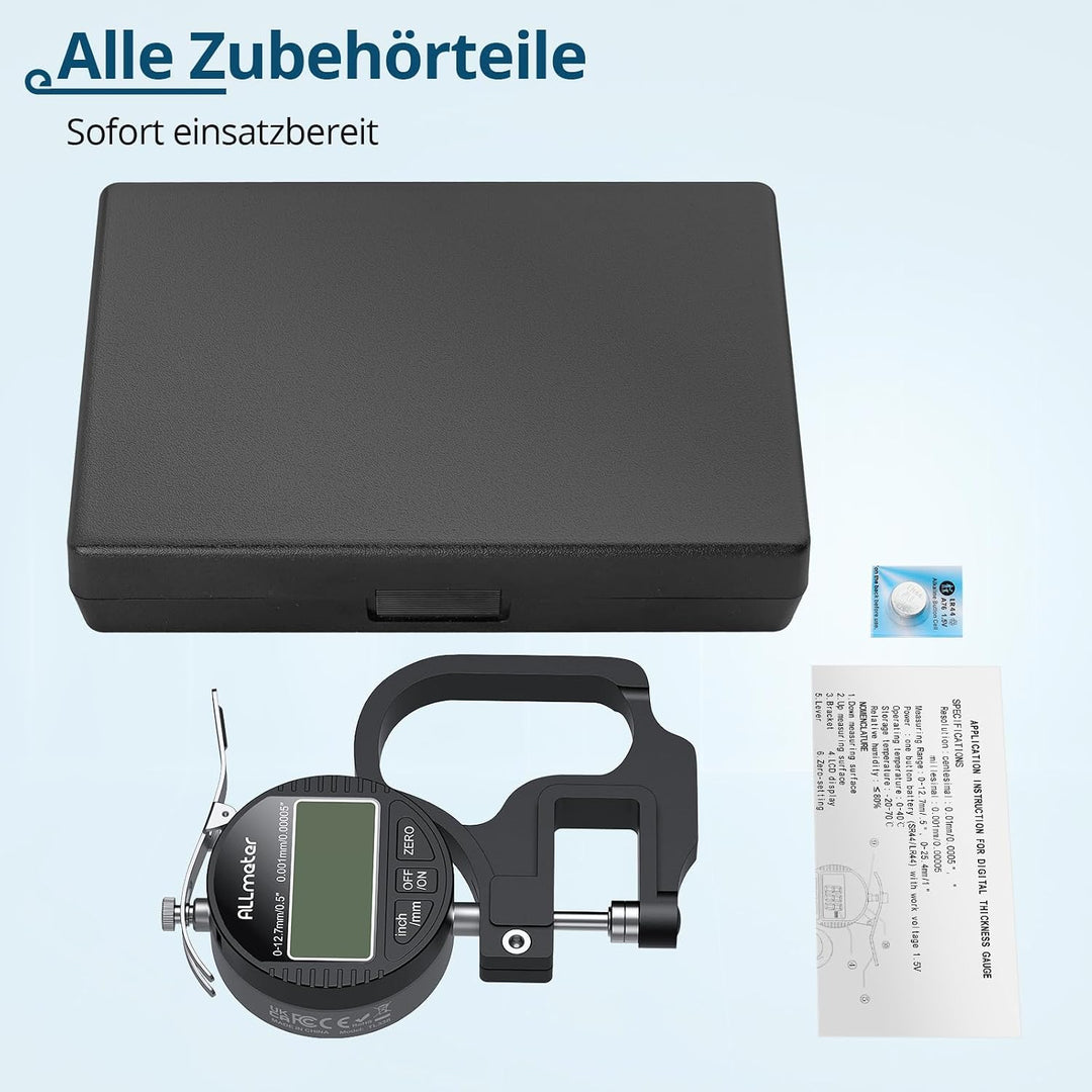 Digitales Dickenmessgerät 0-12,7mm, 0,001mm/0,00005'' Präzisions-LCD Messgerät für Leder, Papier, St