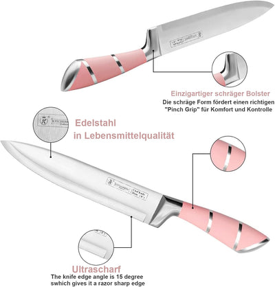 9-tlg Messerset mit Drehbare Acryl Messerblock, Rosa Sharp Antihaft Beschichtete Kochmesser Block Se