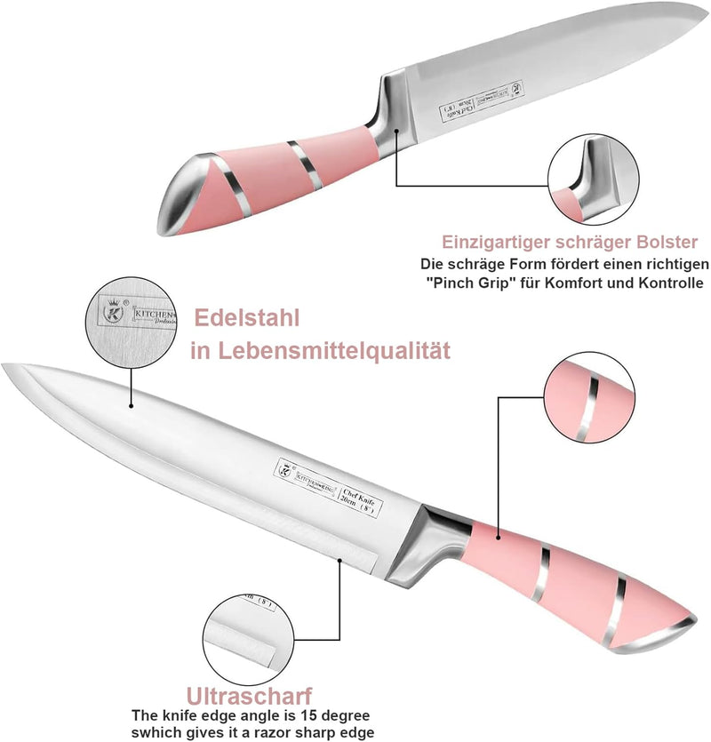 9-tlg Messerset mit Drehbare Acryl Messerblock, Rosa Sharp Antihaft Beschichtete Kochmesser Block Se