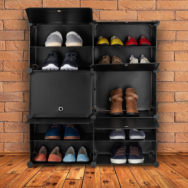 Relaxdays Schuhschrank, Steckschrank mit Türen, HxBxT: 95 x 85 x 31,5 cm, 12 Fächer, Regalsystem aus