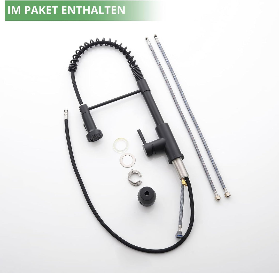 TIMACO Schwarz Wasserhahn Küche, Hochdruck-Küchenarmatur mit herausziehbarer Brause,Mischbatterie Sp